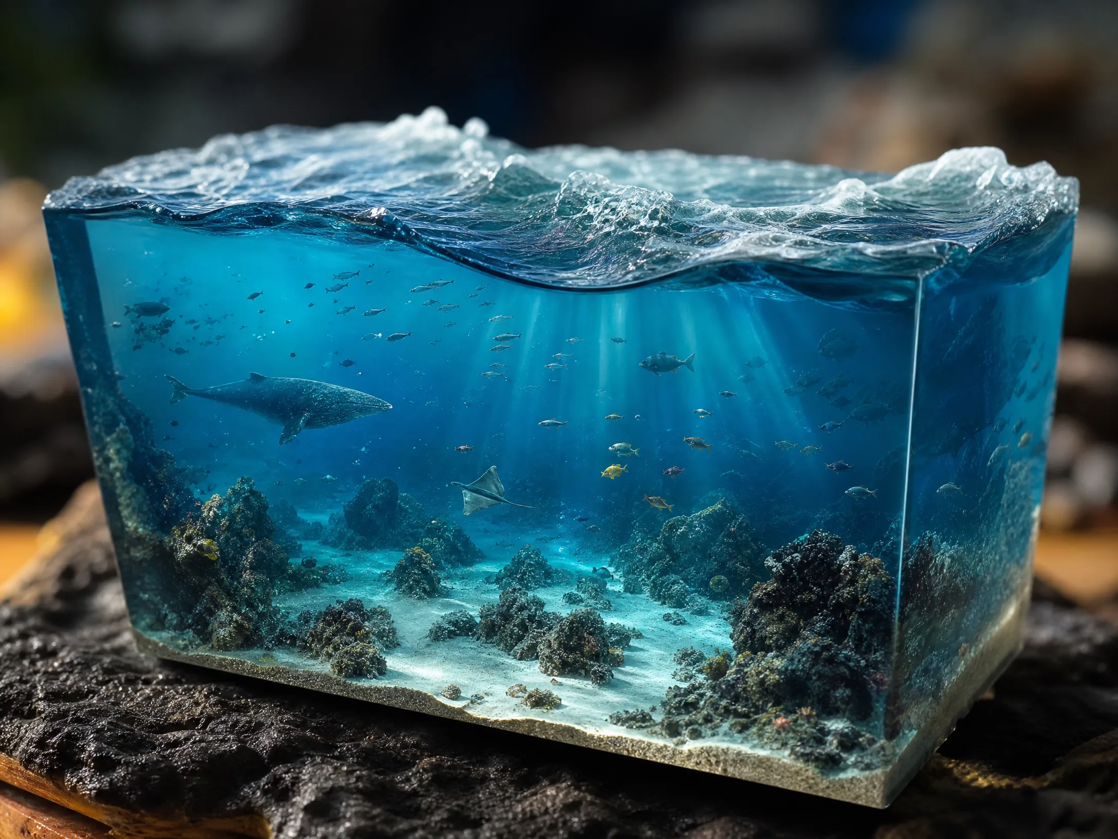 环‍氧树脂深海截面微缩造景，蓝色海水与波浪